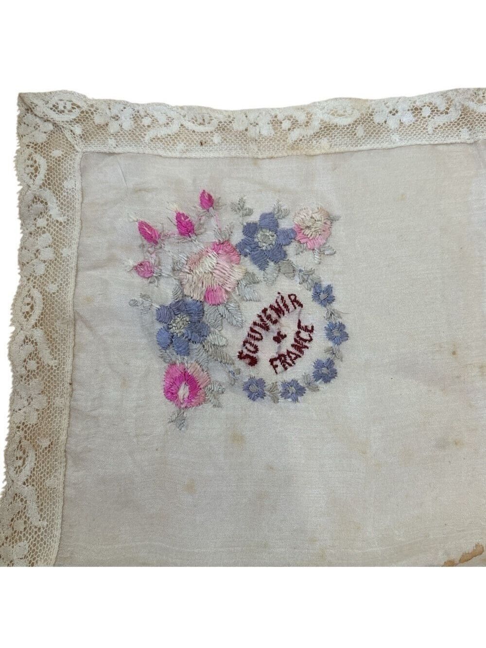 40s DELICATE CREAM SILK & COTTON LACE HANDKERCHIEF W FLORAL SOUVENIR OF FRANCE